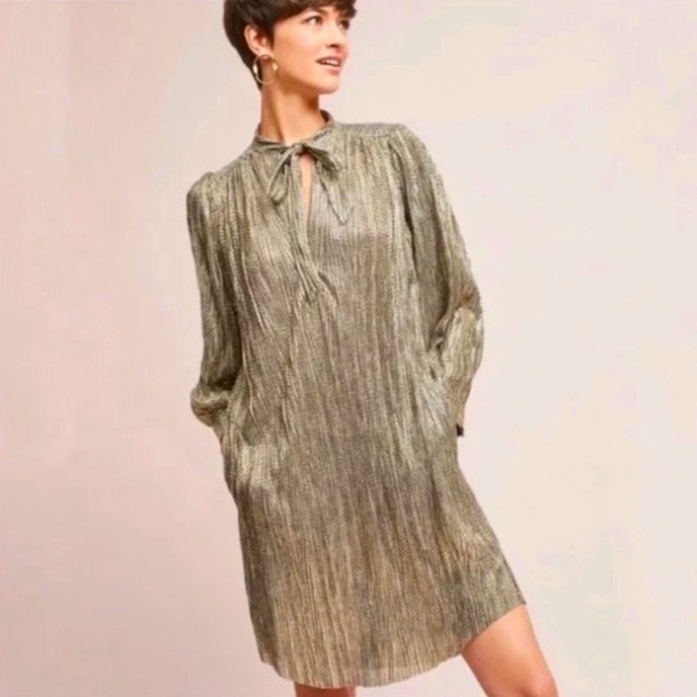 Sabina Musayev Gold Metallic Long Sleeve Mock Tie Neck Size XS